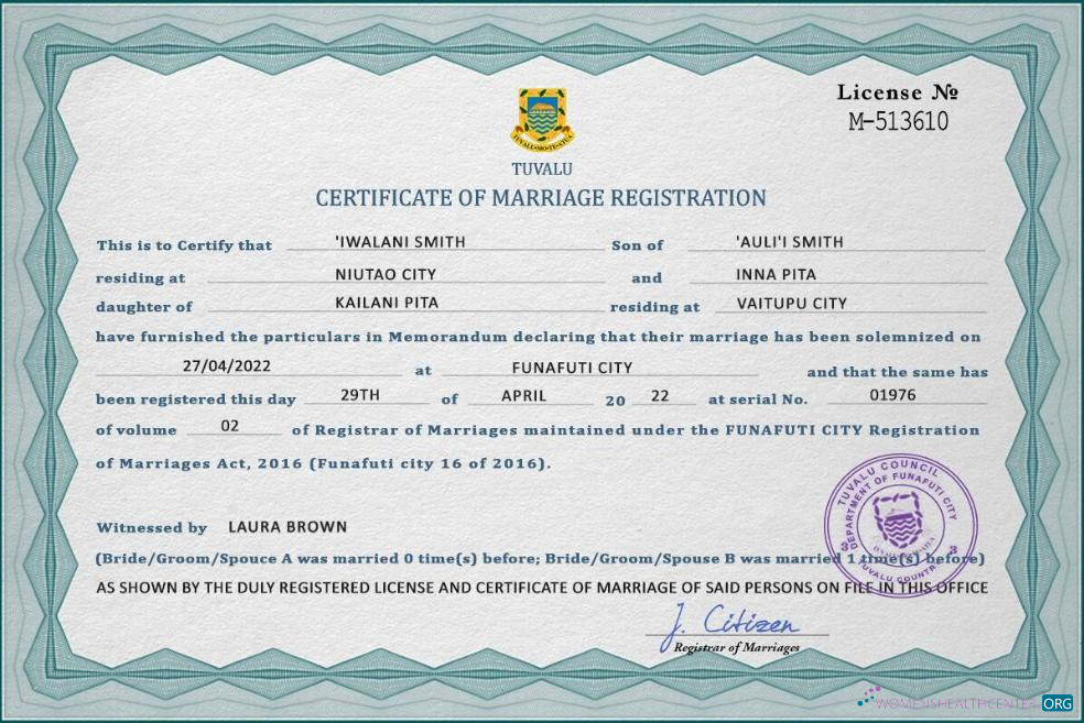Download Tuvalu marriage certificate PSD template Photoshop template